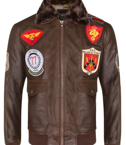 Mens Brown Leather US Aviator Bomber Jacket - Warsaw