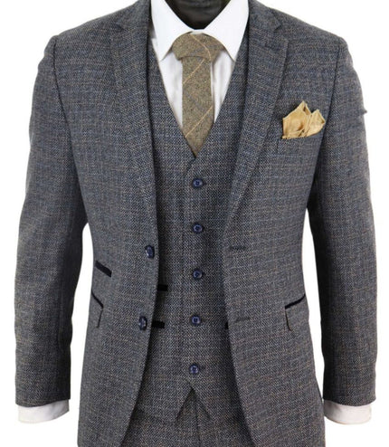 Mens 3 Piece Navy Blue Tweed Check Vintage Retro Suit