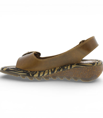 Fly London Women's TRAM723FLY Camel Brown Leather Wedge Sandals