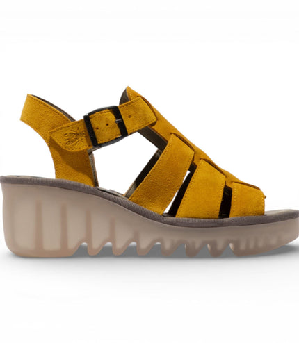 Fly London Women's BAIC621FLY Yellow Suede Leather Wedge Sandals
