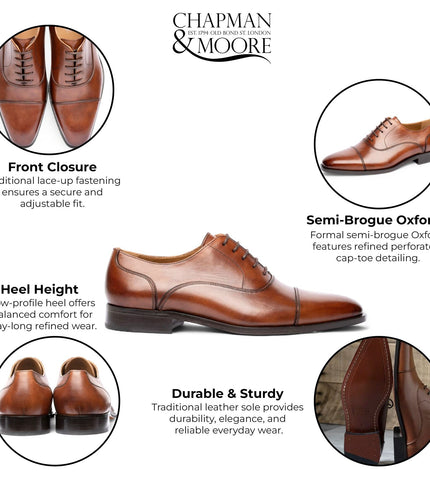 Chapman & Moore Men's Brown Plain Leather Brogue Cap-Toe Oxford Shoes