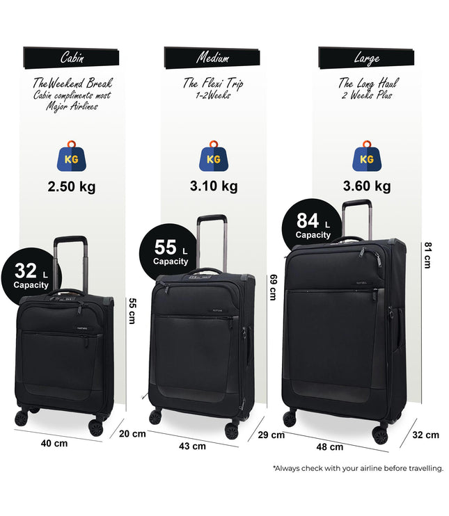 Bourne Set of 3 Soft Shell Suitcase in Black