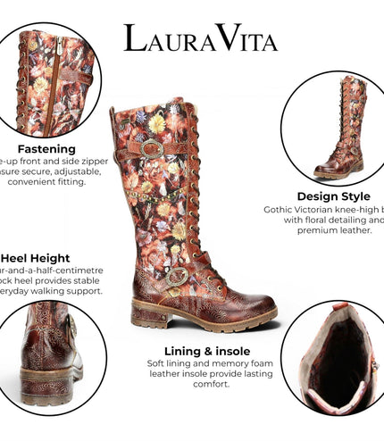 Laura Vita Women's Victorian Floral Maroon Leather High Lace-Up Long Boots - Cocrailo-82