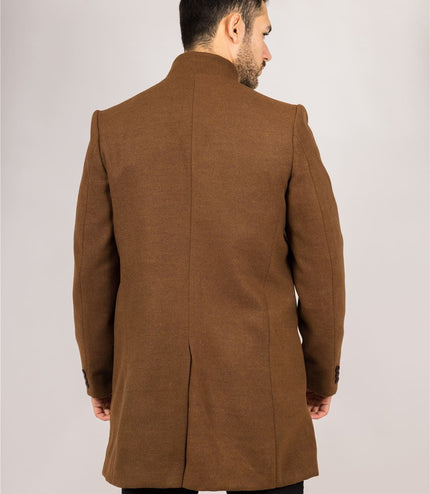 Men's Brown Stand Collar Wool Blend Overcoat