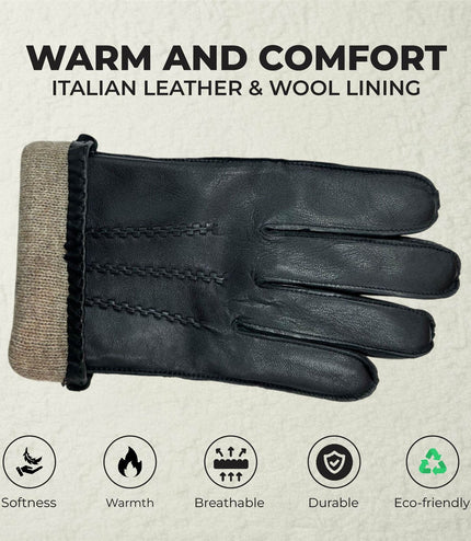 Men's Black Italian Leather Warm Wool Lining Winter Stich Design Gloves - M-LGV-205