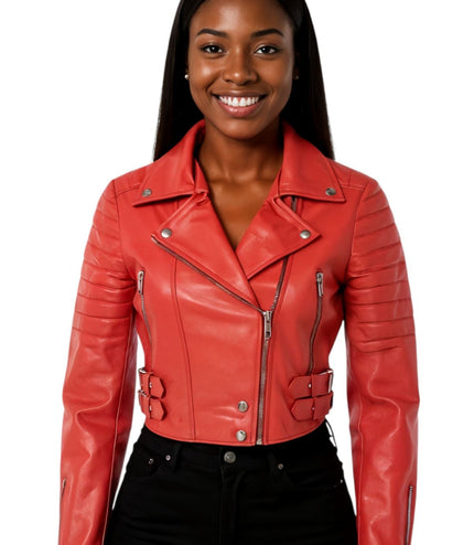 Womens Cropped Brando Leather Biker Jacket-Damascus - Red