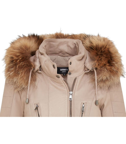 Womens Slim Fit Leather Hooded Parka Jacket-Northam - Beige
