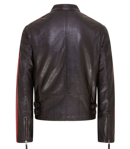 Mens Black Cafe Racer Striped Leather Jacket Vintage Biker Motorcycle Jacket