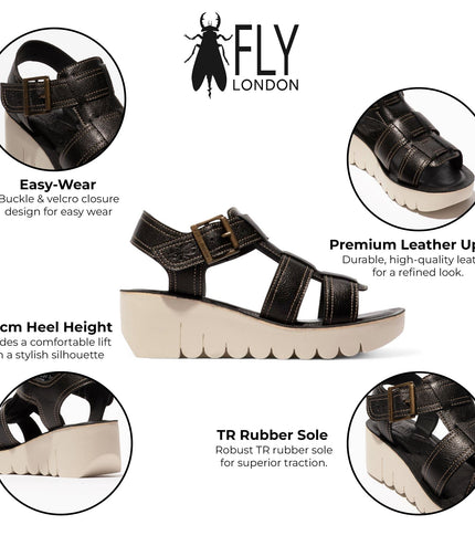 Fly London Women's Yudd236Fly Black Mousse Leather Wedge Sandals
