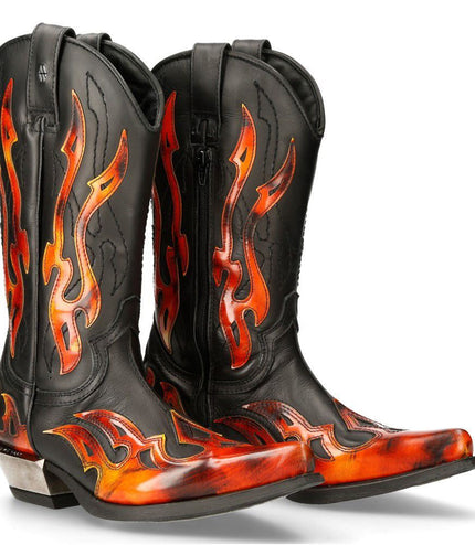 New Rock Flame Accented Black/Red Mid-Calf Cowboy Boots -7921-S2