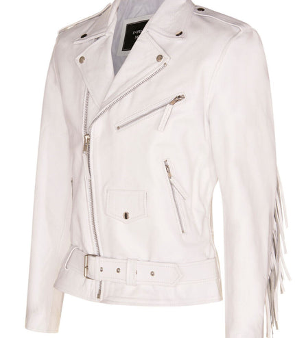 Mens Fringe Hide Leather Biker Jacket- Tokyo - White