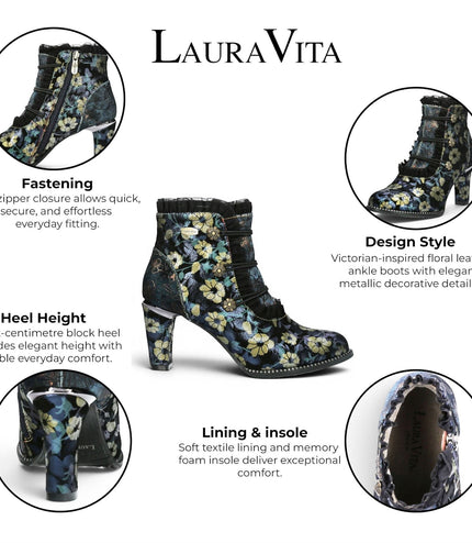 Laura Vita Floral Womens Victorian Blue Leather Heel Ankle Boots - Alcbaneo-130