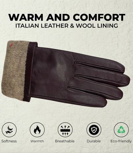 Womens Purple Italian Leather Winter Bow Design Soft Wool Lining Gloves - L-GLV-401
