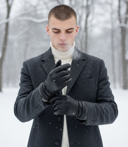 Men's Black Italian Leather Warm Wool Lining Winter Knit Rib Gloves - M-LGV-105