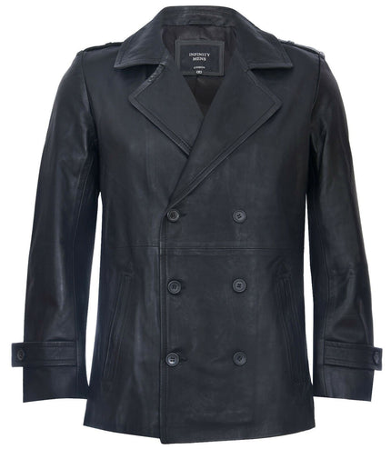Mens Leather Peacoat-Amara - Black