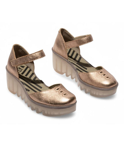 Fly London Women's Sahara Gold Biso305Fly Laminato Leather Wedge Sandals