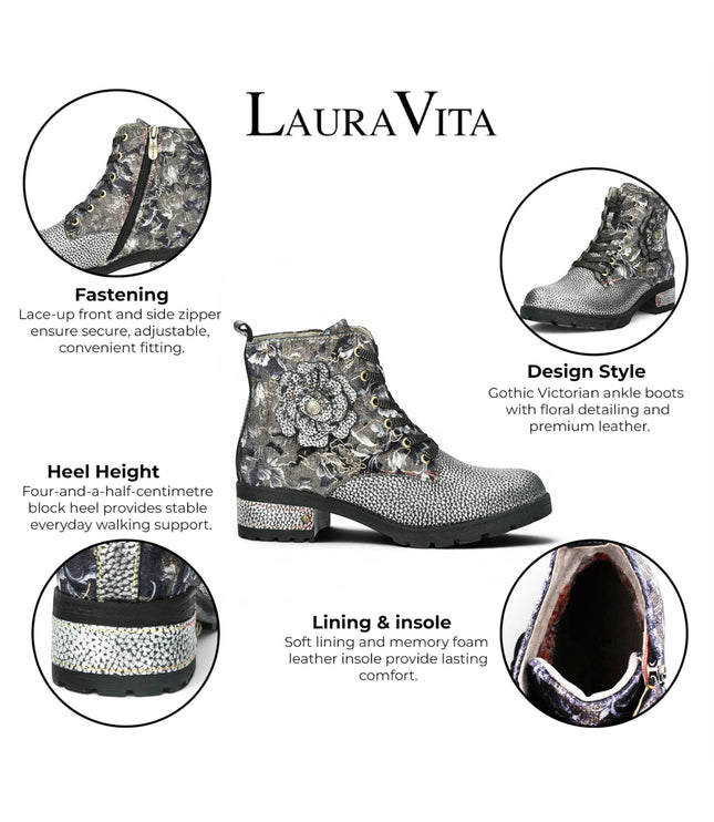 Laura Vita Women's Gothic Victorian Floral Grey Leather Lace-up Boots - Cocrailo-47