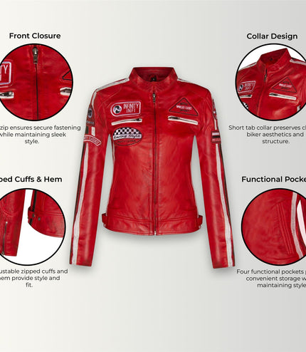 Womens Biker Racing Badges Leather Jacket-Eastleigh - Red