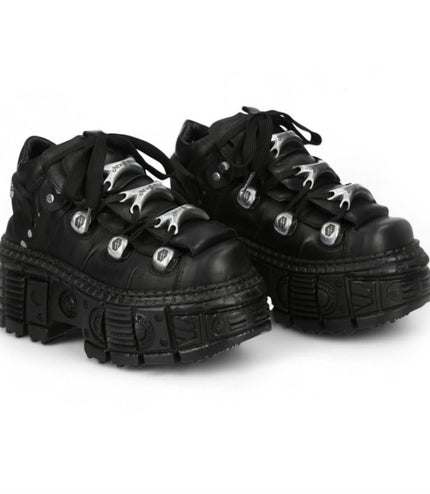 New Rock M-Overz106B-C1 Metallic Chunky Black Leather Gothic Ankle Boots