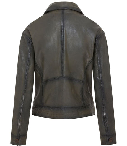 Womens Vintage Classic Lamb Leather Collared Biker Jacket - Olive