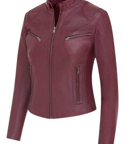 Womens Slim-Fit Leather Biker Jacket-Maldon - Burgundy