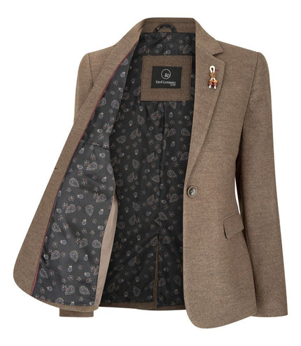 Womens Tweed 1920s Herringbone Light Brown Blazer