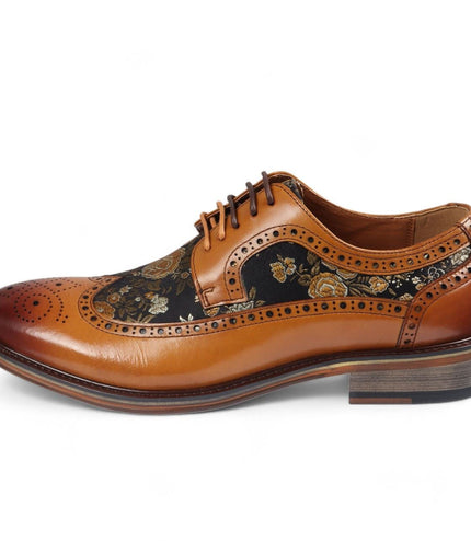 Justin Reess Men's Brown Leather Floral Print Brogue Dress Shoes - Ross