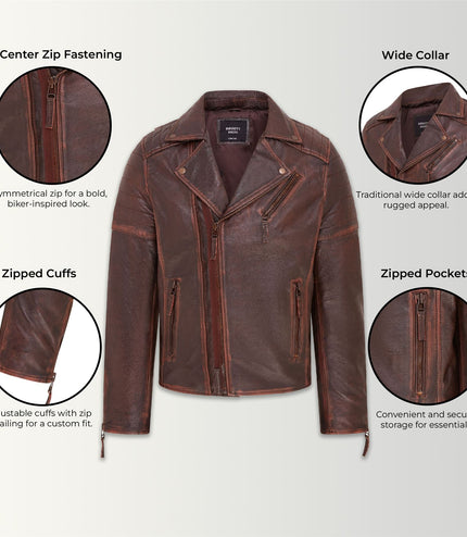 Mens Slim Fit Brando Style Double Cross Zip 100% Leather Biker Jacket - Brown