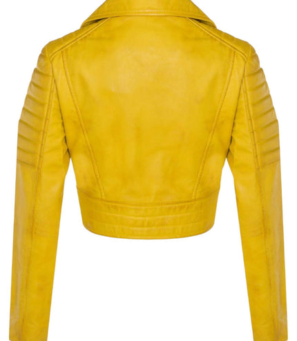 Womens Cropped Brando Leather Biker Jacket-Damascus - Silver