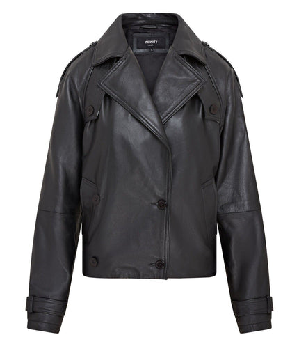 Womens Cropped Oversized Trench Leather Jacket - Canberra - Black