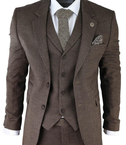 Mens Brown 3 Piece Tweed Herringbone Suit Peaky Blinders Classic Tailored