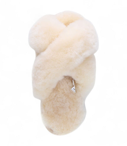 Women's Sheepskin Slippers Beige Warm Winter Fur Crossover - Snowbelle