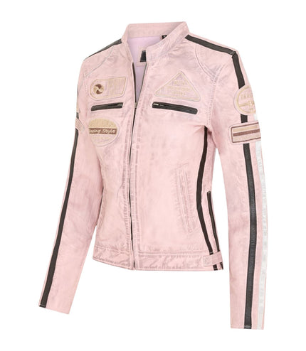 Womens Biker Racing Badges Pink Leather Jacket-Eastleigh
