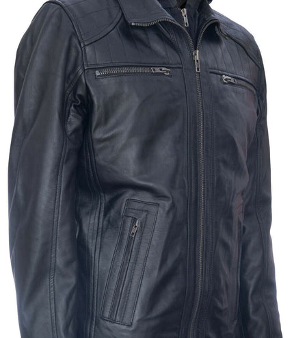 Mens Black Hooded Leather Biker Jacket-Salvador