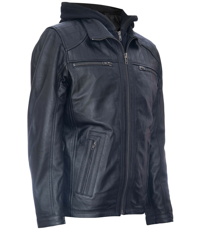 Mens Black Hooded Leather Biker Jacket-Salvador