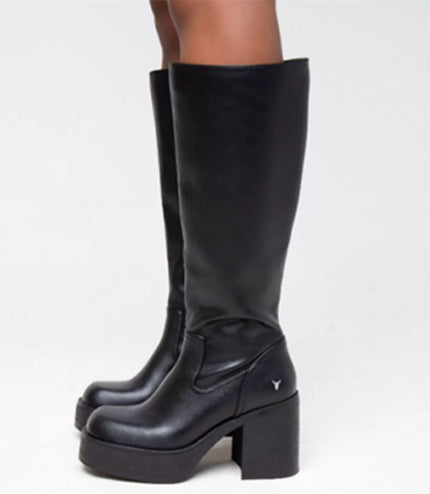 Windsorsmith Womens Black Faux Leather Knee-High Platform Heel Boots - Niche