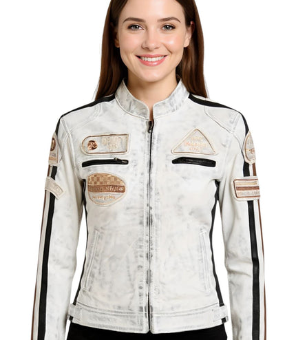Womens Biker Racing Badges Leather Jacket-Eastleigh - White