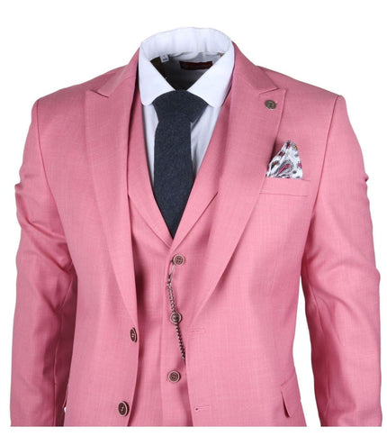 Men's 3 Piece Pink Tailored Fit Party Suit Race Day