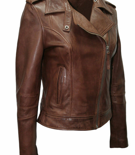 Womens Chestnut Leather Biker Jacket-Reynosa