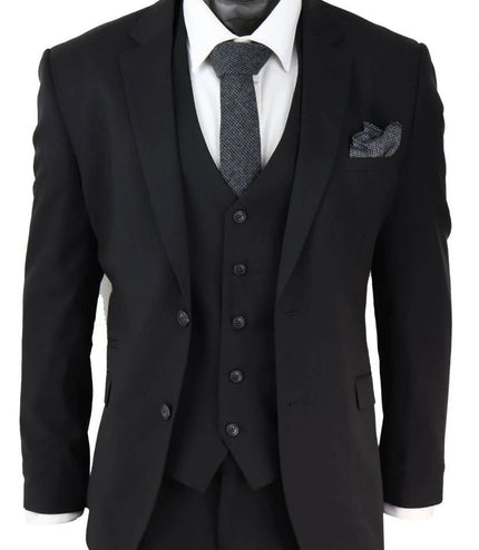 Mens 3 Piece Plain Black Classic Retro Tailored Suit