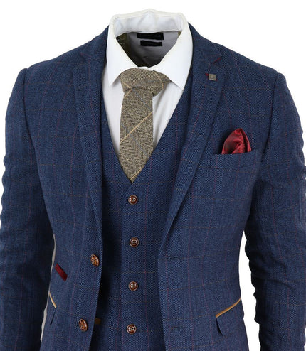 Mens Blue Tweed Check 3-Piece Suit