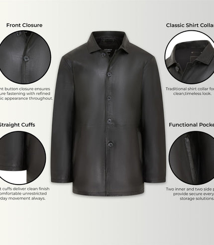 Men's Black Leather Long Collared Car Coat Jacket - Berry