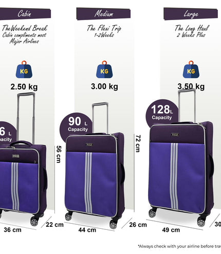 Beverley Set of 3 Soft Shell Suitcase in Purple