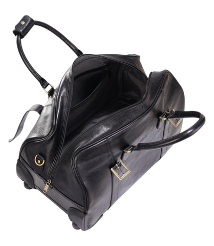 Genuine Leather Black Wheeled Holdall Duffle Travel Cabin Bag - Holt