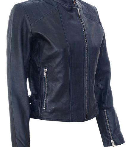 Womens Leather Biker Jacket-Celaya - Navy