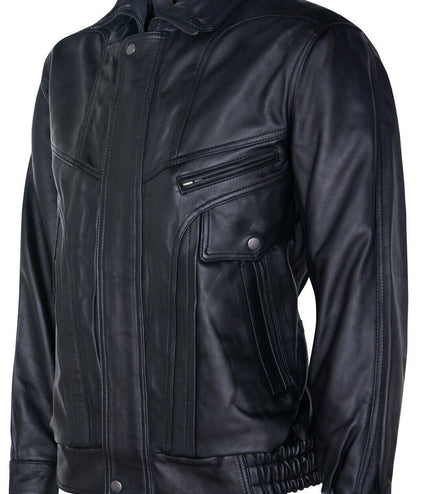 Mens Classic Harrington Bomber Leather Jacket-Minsk - Black