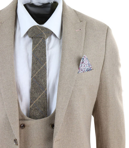 Mens Tweed 3 Piece Beige Formal Wedding Suit