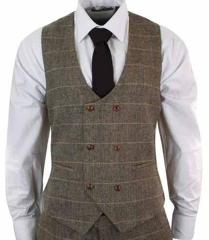 Mens 3 Piece Tan Herringbone Tweed Check Suit