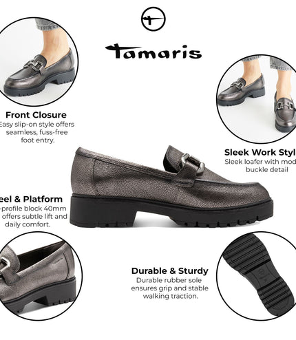 Tamaris Womens Pewter Silver Leather Loafers Slip-On Platform Shoes