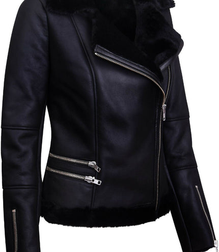 Womens Black Shearling Sheepskin Aviator Jacket-Kiev